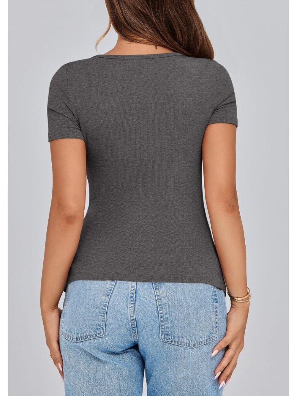 Women's Charcoal Short Sleeve Ribbed Henley Button Slim Fit Casual T Shirts - Picture 2 of 6